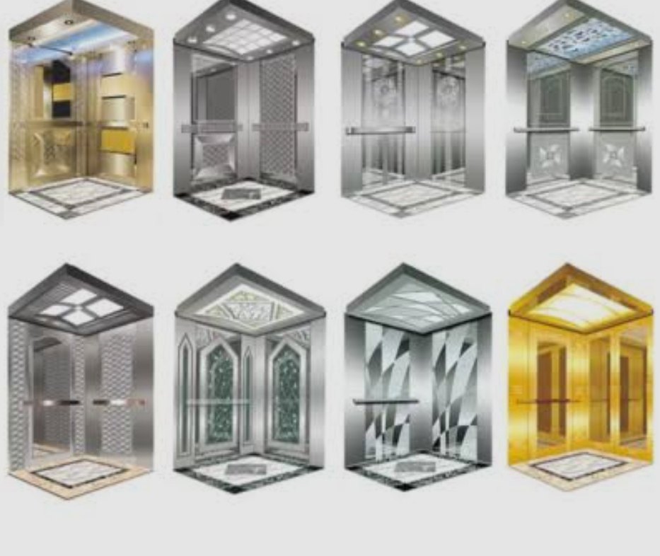 Premium elevator cabin design options in stainless steel, etched glass, designer laminate and gold finishes
